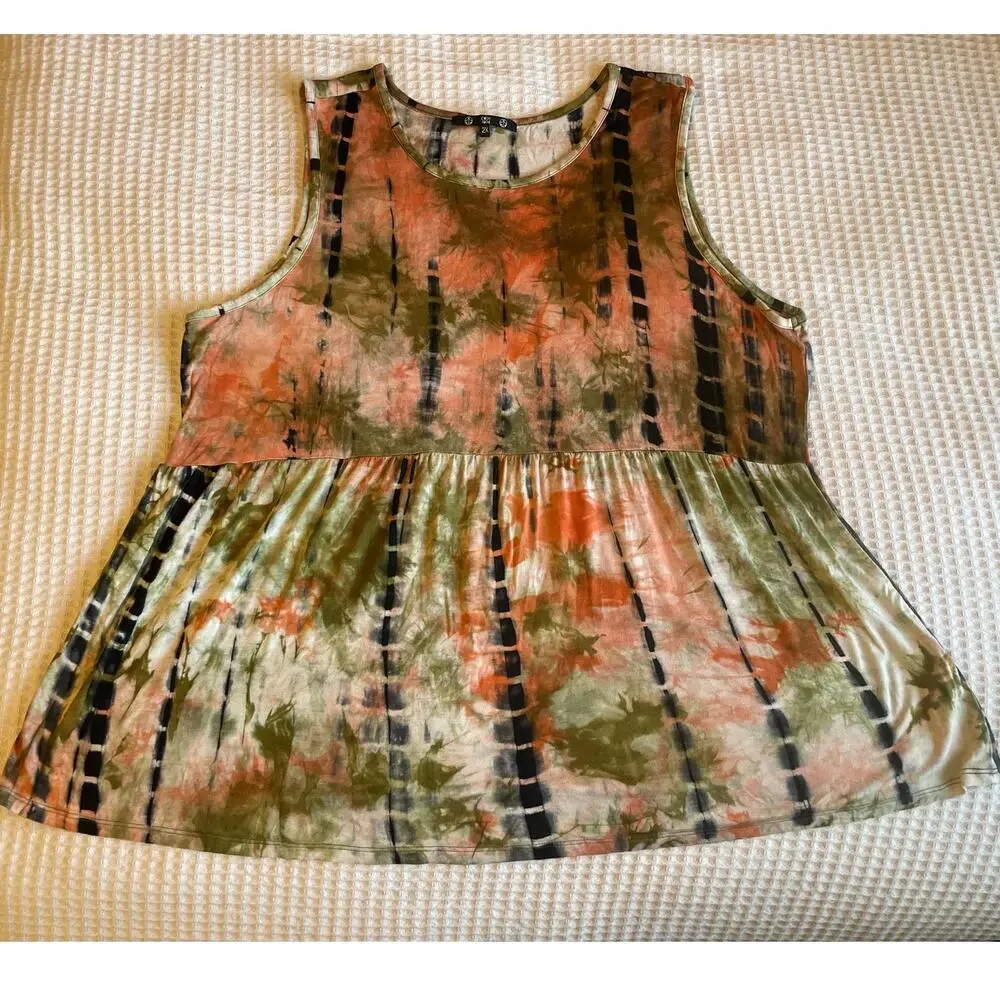 Coin 1804 Boho Tie Dye Orange & Green Sleeveless Relaxed Fit Peplum Top Size 2X